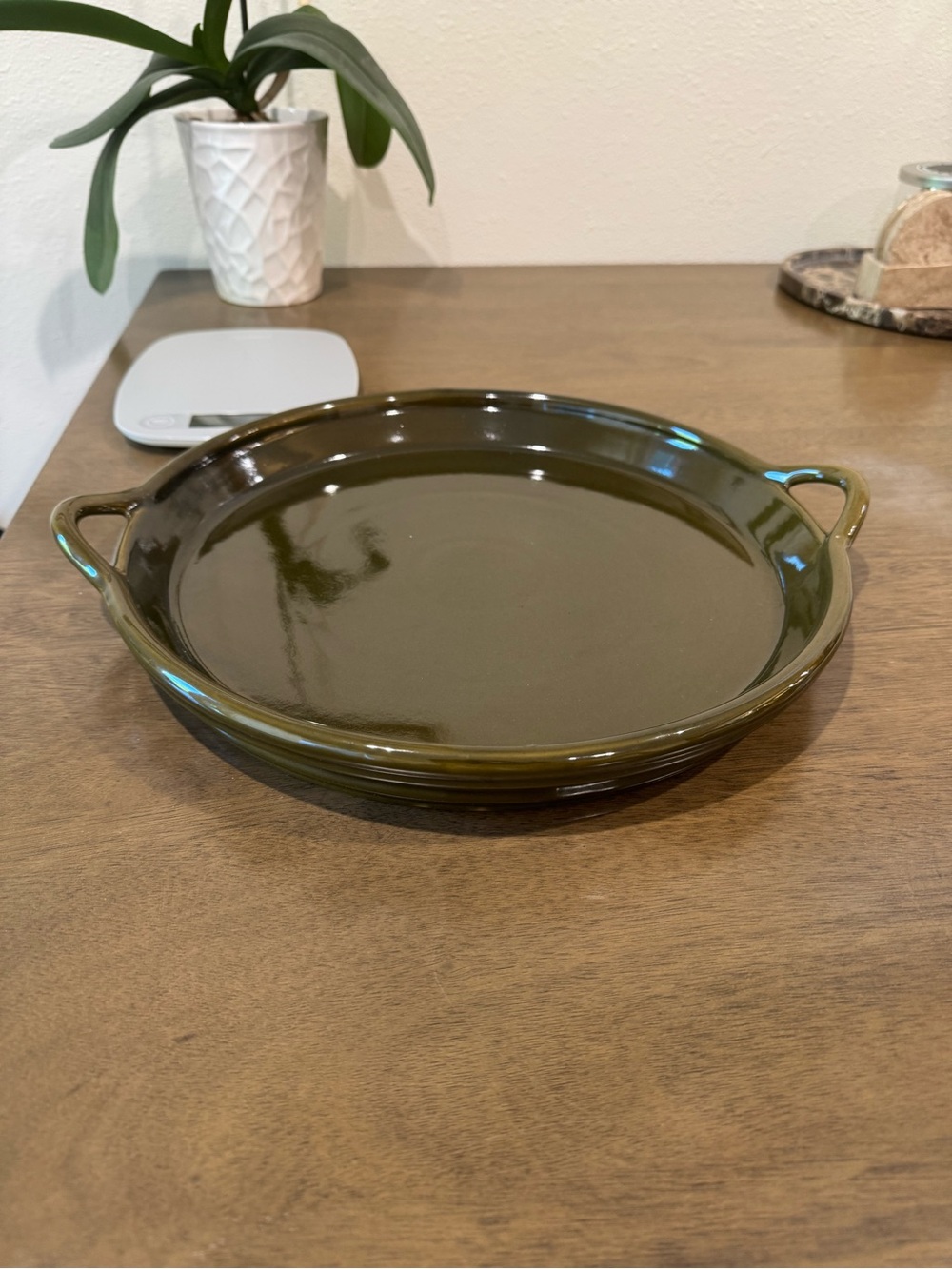 Hearth & hand magnolia Olive Green Ceramic round tray with Handles